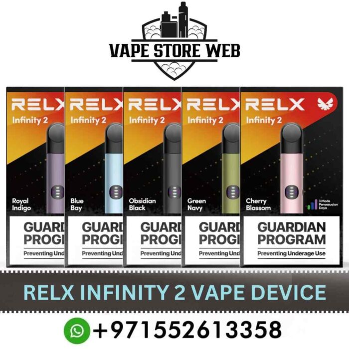 Discover RELX Infinity 2 Vape Device Price in UAE - Available colors_ Blue Bay, Cherry Blossom, Green Navy, Obsidian Black, Royal Indigo