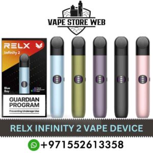 RELX Infinity 2 Vape Device Price In UAE   Available Colors  Blue Bay, Cherry Blossom, Green Navy, Obsidian Black, Royal Indigo