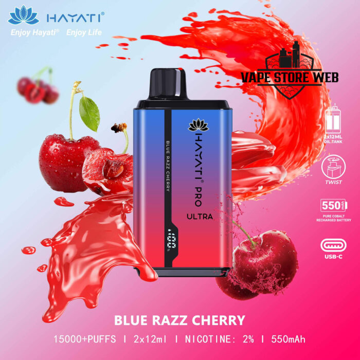 HAYATI Pro Ultra 15000 Puffs 20MG Disposable Vape Price in Dubai Blue Razz Cherry