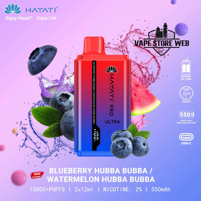 HAYATI Pro Ultra 15000 Puffs 20MG Disposable Vape Price in Dubai Blueberry Hubba Bubba Watermelon Hubba Bubba
