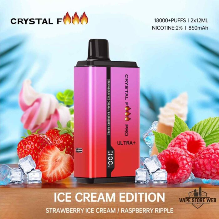 CRYSTAL Fire Pro Ultra 18000 Puffs Disposable Vape Price in Dubai Strawberry Ice Cream Raspberry Ripple
