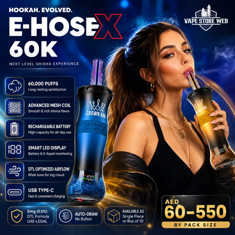 Crown Bar Al Fakher E Hose X 60000 Puffs 6mg nicotine 0.6 resistance shisha in Dubai 1 Crown Bar Al Fakher E Hose X 60000 Puffs 6mg nicotine 0.6 resistance shisha in Dubai