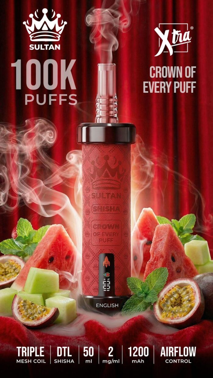 Sultan xtra shisha Dtl 100k puffs 2mg nicotine triple mesh vape in Dubai Love 66
