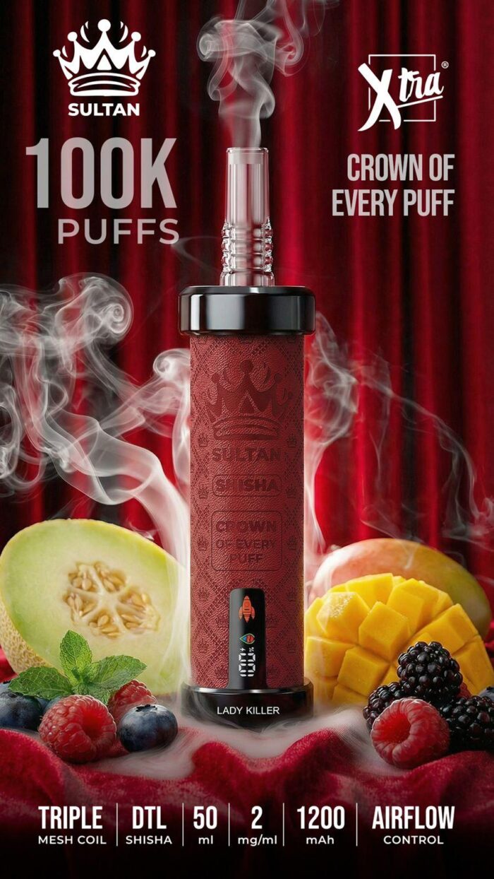 Sultan xtra shisha Dtl 100k puffs 2mg nicotine triple mesh vape in Dubai lady killer