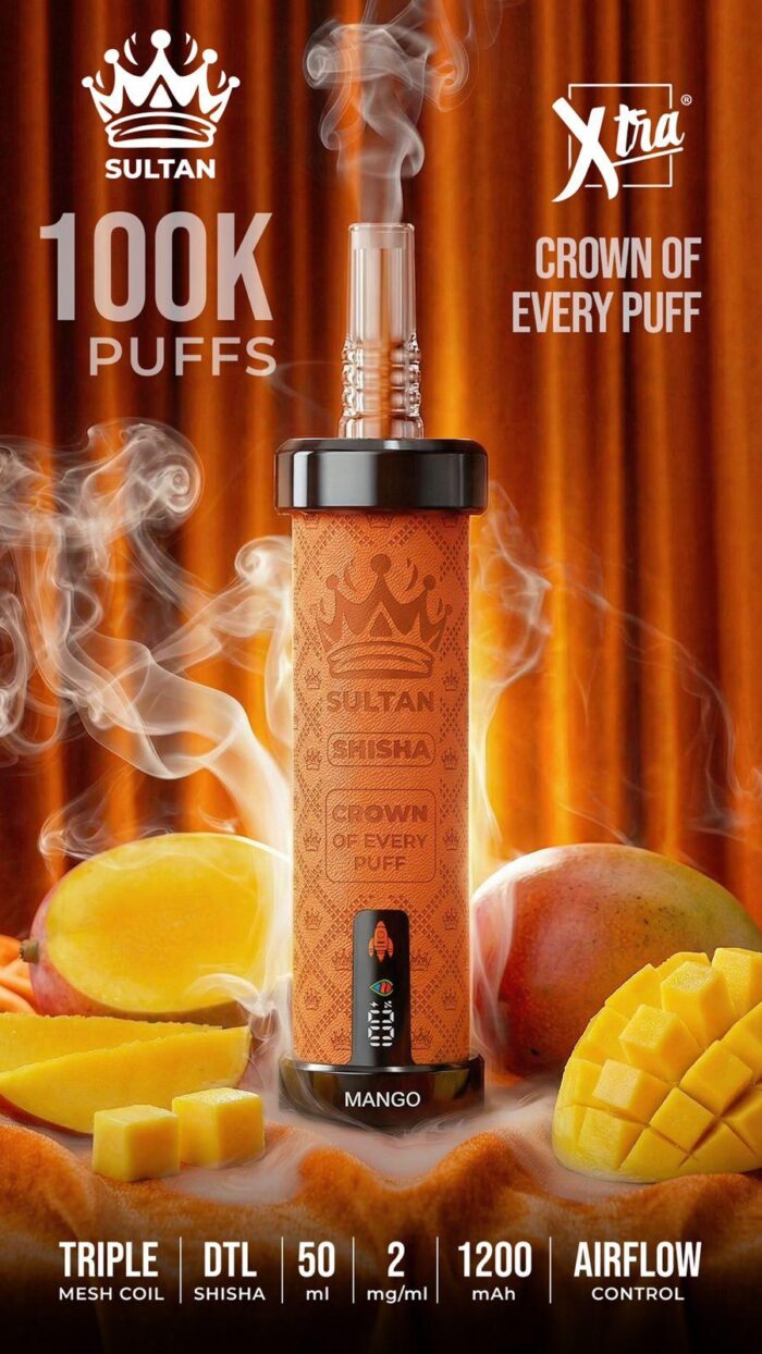Sultan xtra shisha Dtl 100k puffs 2mg nicotine triple mesh vape in Dubai mango
