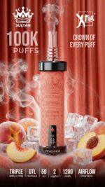 Sultan xtra shisha Dtl 100k puffs 2mg nicotine triple mesh vape in Dubai peach ice