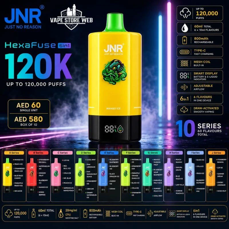JNR HexaFuse 120K Puffs Disposable Vape 6in1 in Dubai UAE 1 JNR-HexaFuse-120K-Puffs-Disposable-Vape-6in1-in-Dubai-UAE