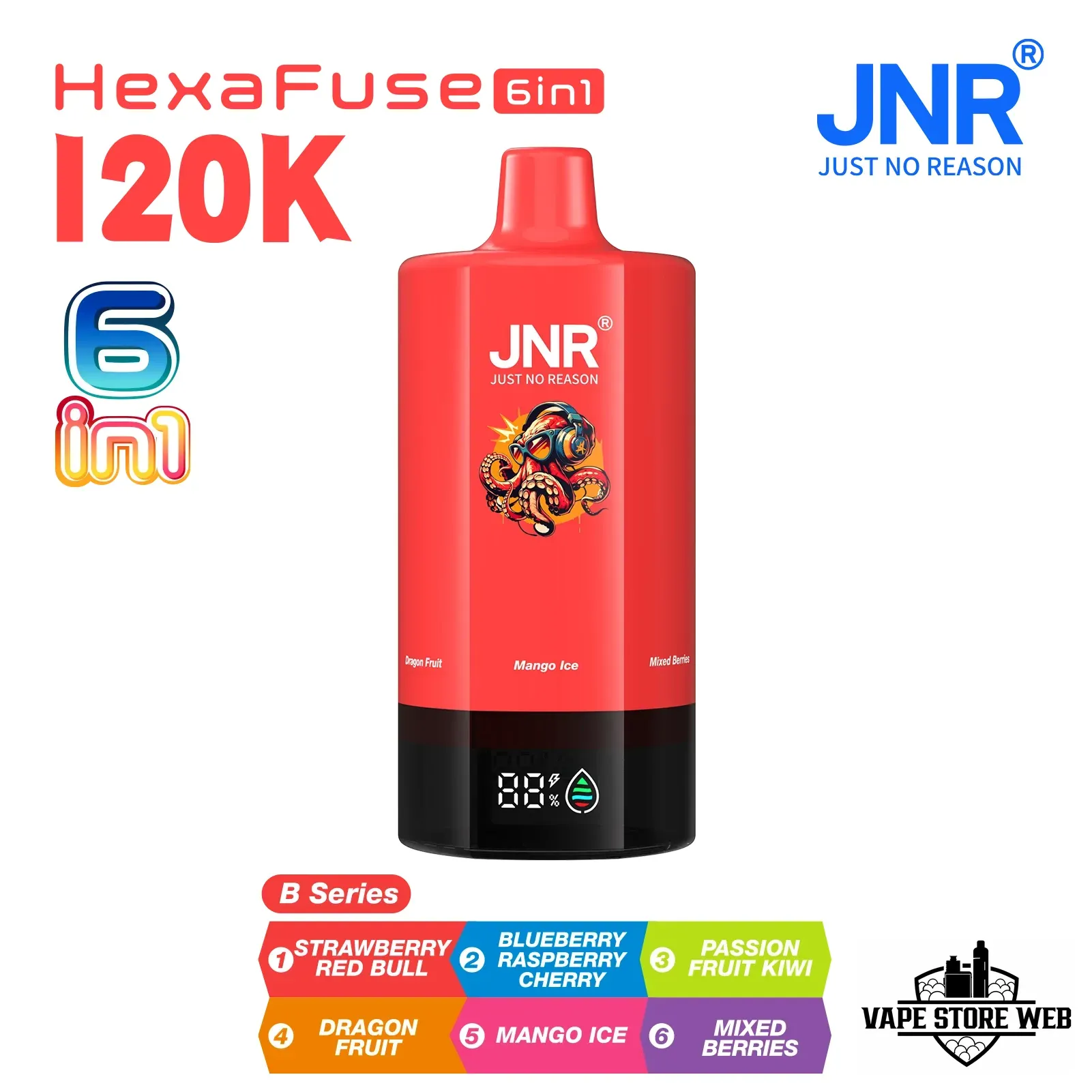 JNR HexaFuse 120K Puffs Disposable Vape 6in1 in Dubai UAE 10 jnr-hexafuse-120000-puffs-20mg-nicotine-6-in-1-rechargeable-disposable-vape-in-dubai-2-b-series.