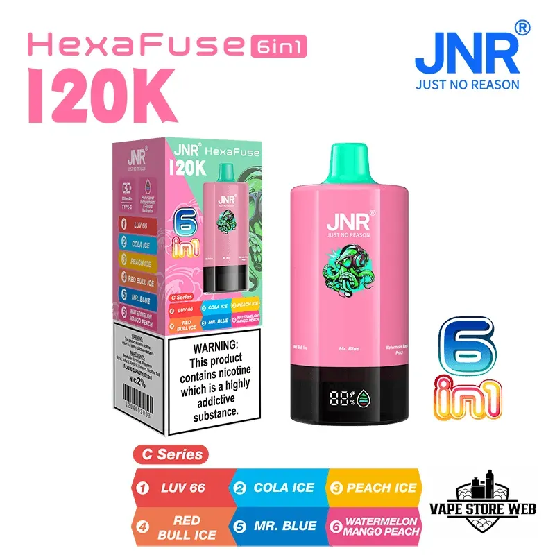JNR HexaFuse 120K Puffs Disposable Vape 6in1 in Dubai UAE 9 jnr-hexafuse-120000-puffs-20mg-nicotine-6-in-1-rechargeable-disposable-vape-in-dubai-2-c-series-1.