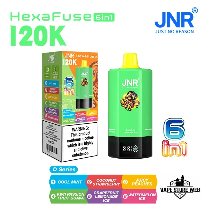 JNR HexaFuse 120K Puffs Disposable Vape 6in1 in Dubai UAE 8 jnr-hexafuse-120000-puffs-20mg-nicotine-6-in-1-rechargeable-disposable-vape-in-dubai-2-d-series-1.