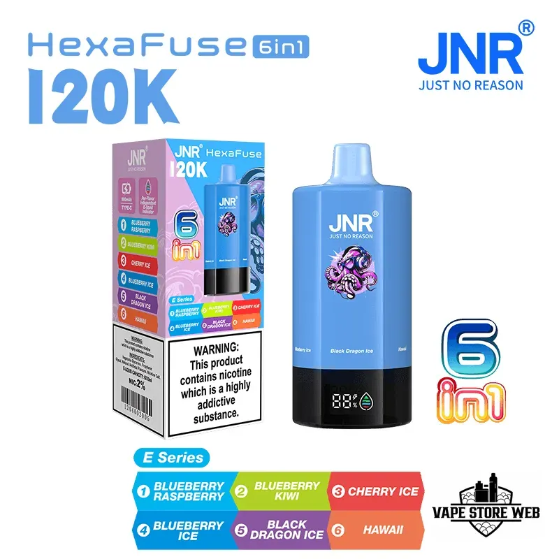 JNR HexaFuse 120K Puffs Disposable Vape 6in1 in Dubai UAE 7 jnr-hexafuse-120000-puffs-20mg-nicotine-6-in-1-rechargeable-disposable-vape-in-dubai-2-e-series-1