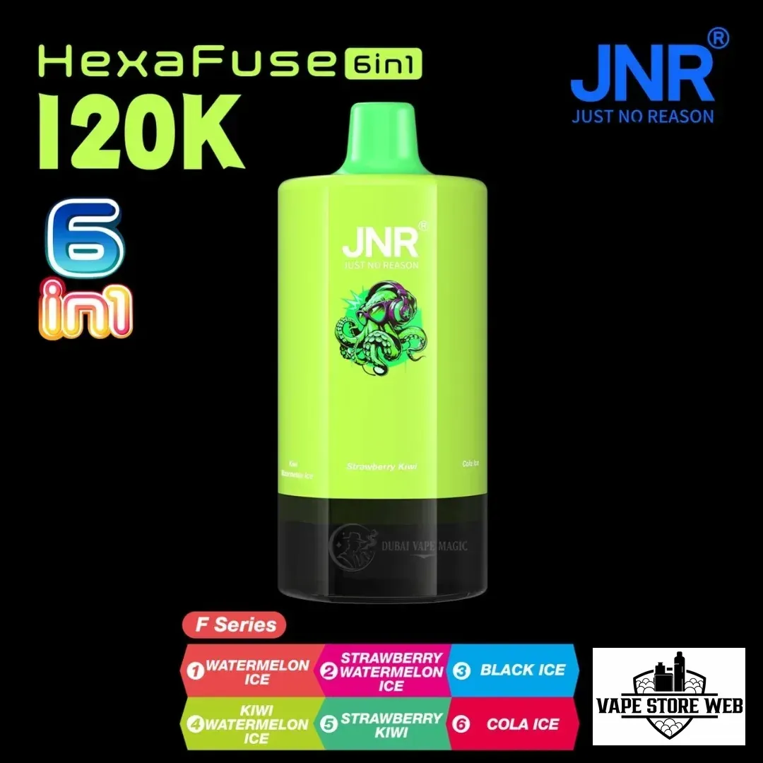JNR HexaFuse 120K Puffs Disposable Vape 6in1 in Dubai UAE 6 jnr-hexafuse-120000-puffs-20mg-nicotine-6-in-1-rechargeable-disposable-vape-in-dubai-2-f-serise.
