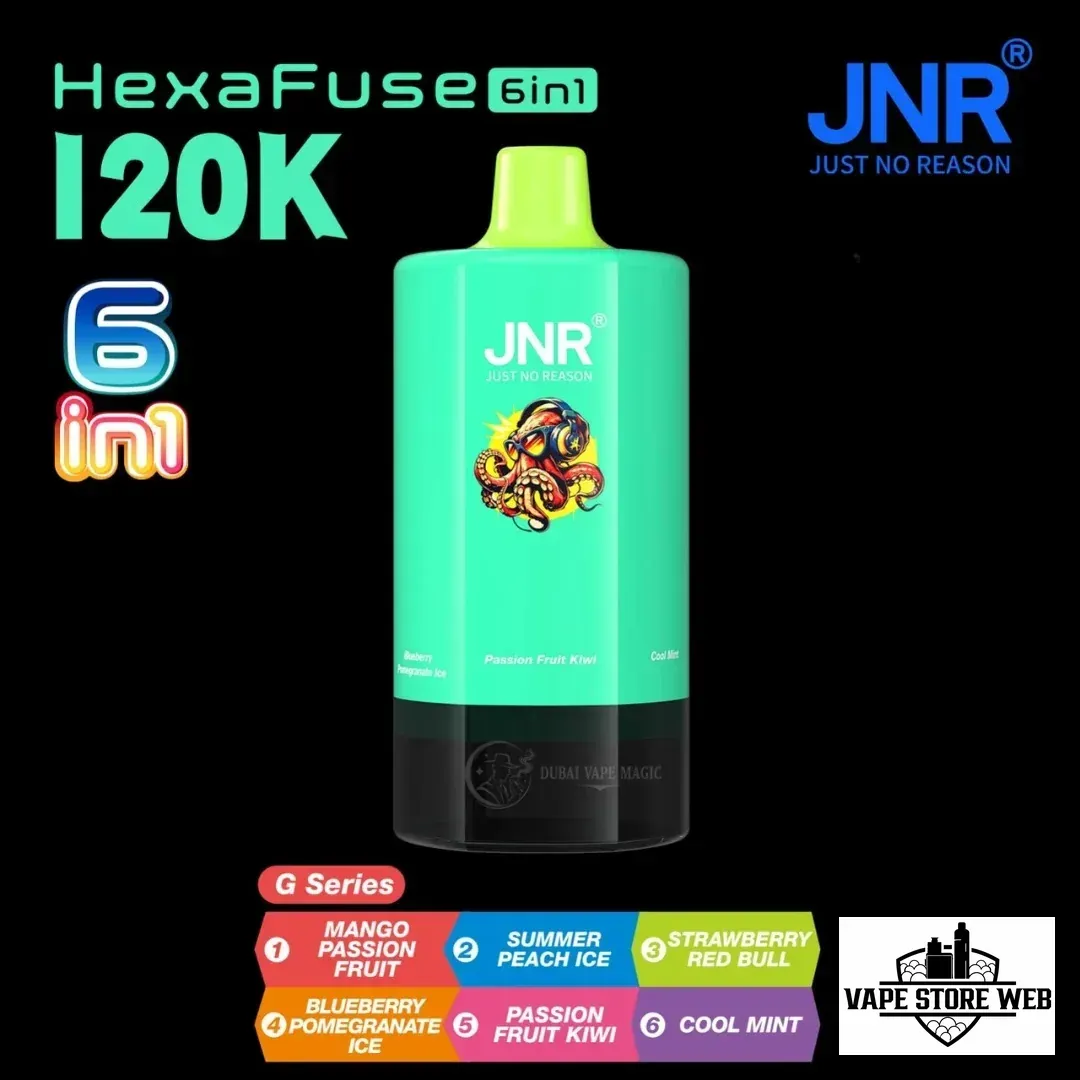 JNR HexaFuse 120K Puffs Disposable Vape 6in1 in Dubai UAE 5 jnr-hexafuse-120000-puffs-20mg-nicotine-6-in-1-rechargeable-disposable-vape-in-dubai-2-g-serise