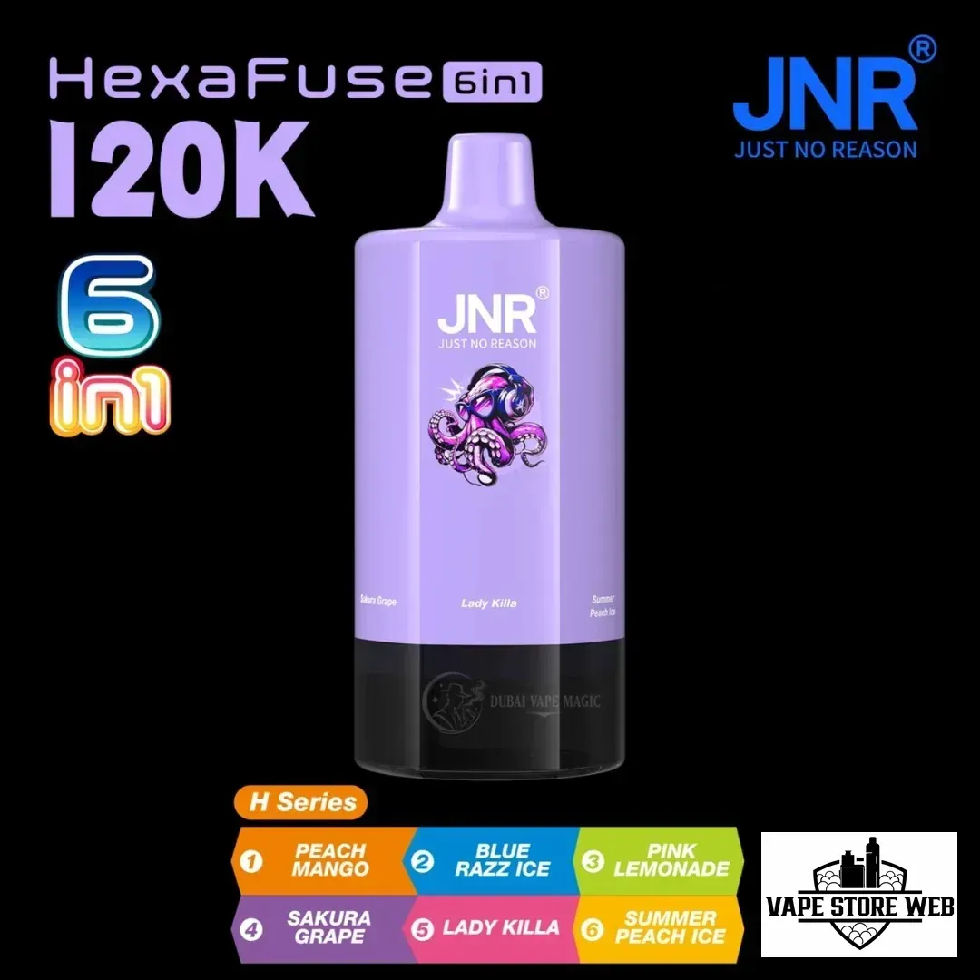 JNR HexaFuse 120K Puffs Disposable Vape 6in1 in Dubai UAE 4 jnr-hexafuse-120000-puffs-20mg-nicotine-6-in-1-rechargeable-disposable-vape-in-dubai-2-h-series
