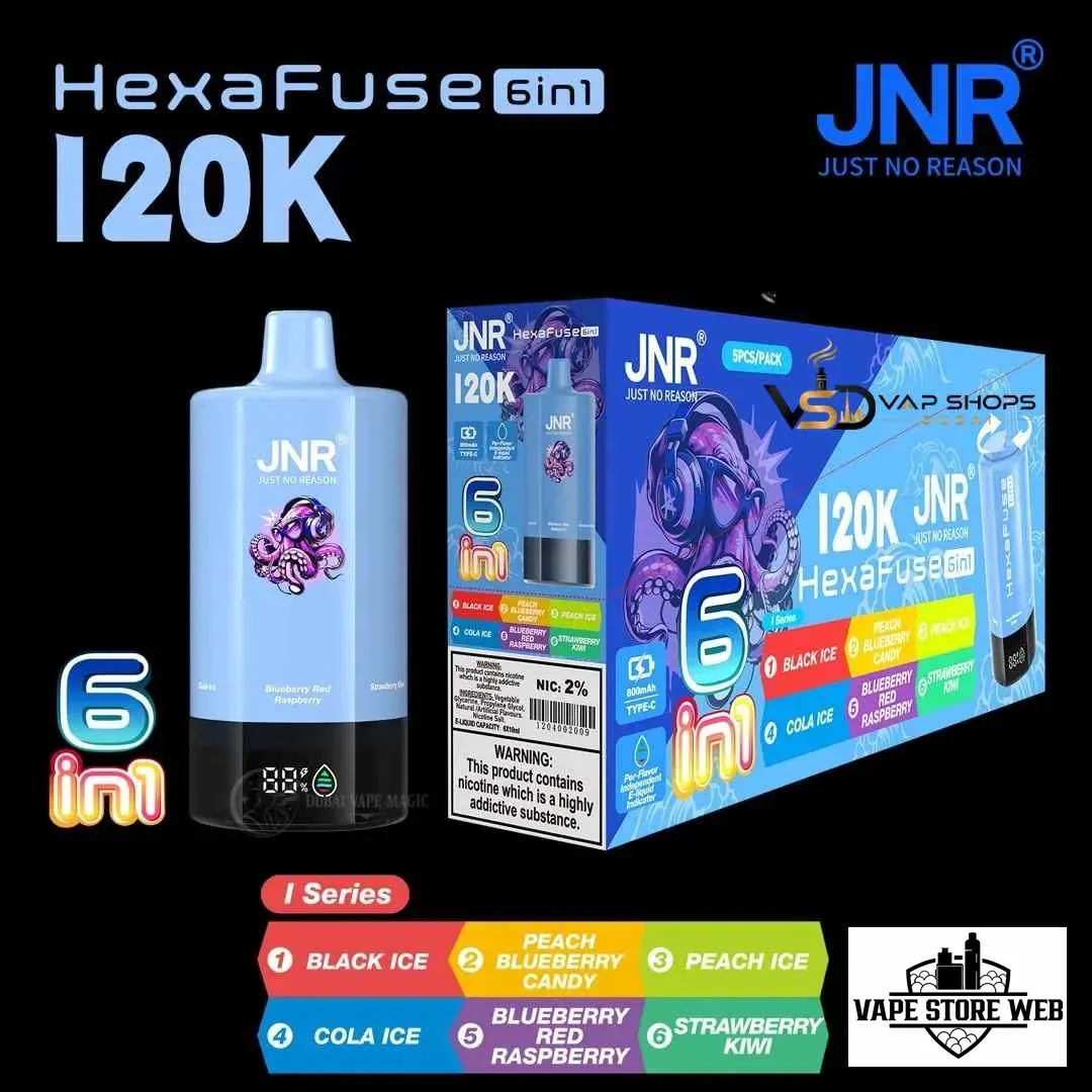 JNR HexaFuse 120K Puffs Disposable Vape 6in1 in Dubai UAE 3 jnr-hexafuse-120000-puffs-20mg-nicotine-6-in-1-rechargeable-disposable-vape-in-dubai-2-i-series.